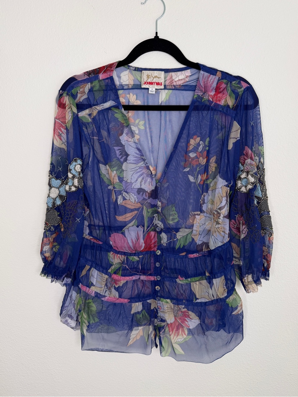 Johnny Was Mazzy Ruched Mesh Floral Blouse in Ullani Blue XS